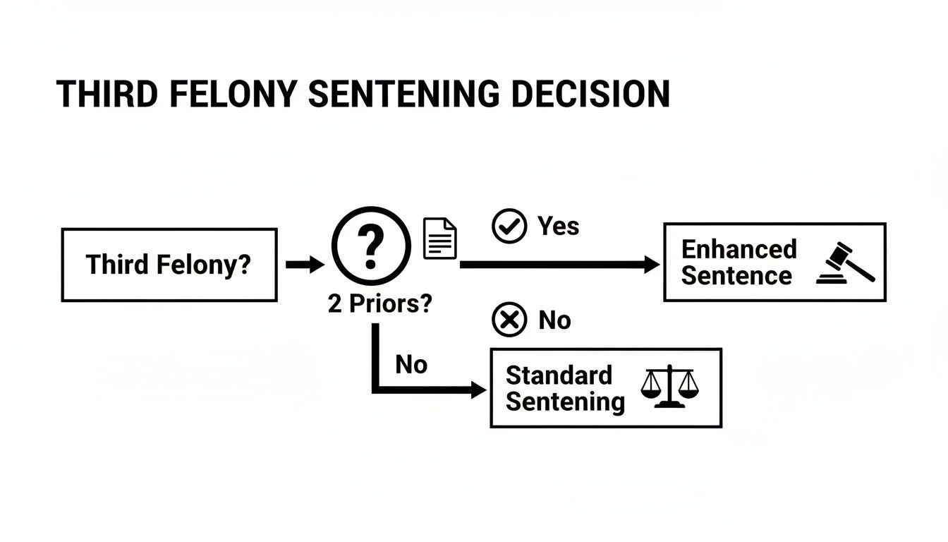 Flowchart illustrating a third felony sentencing decision based on the number of prior convictions.
