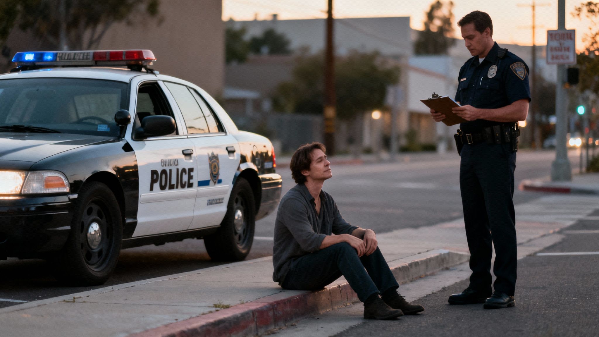 A police officer stands with a clipboard next to a man sitting on a curb by a patrol car with lights on.