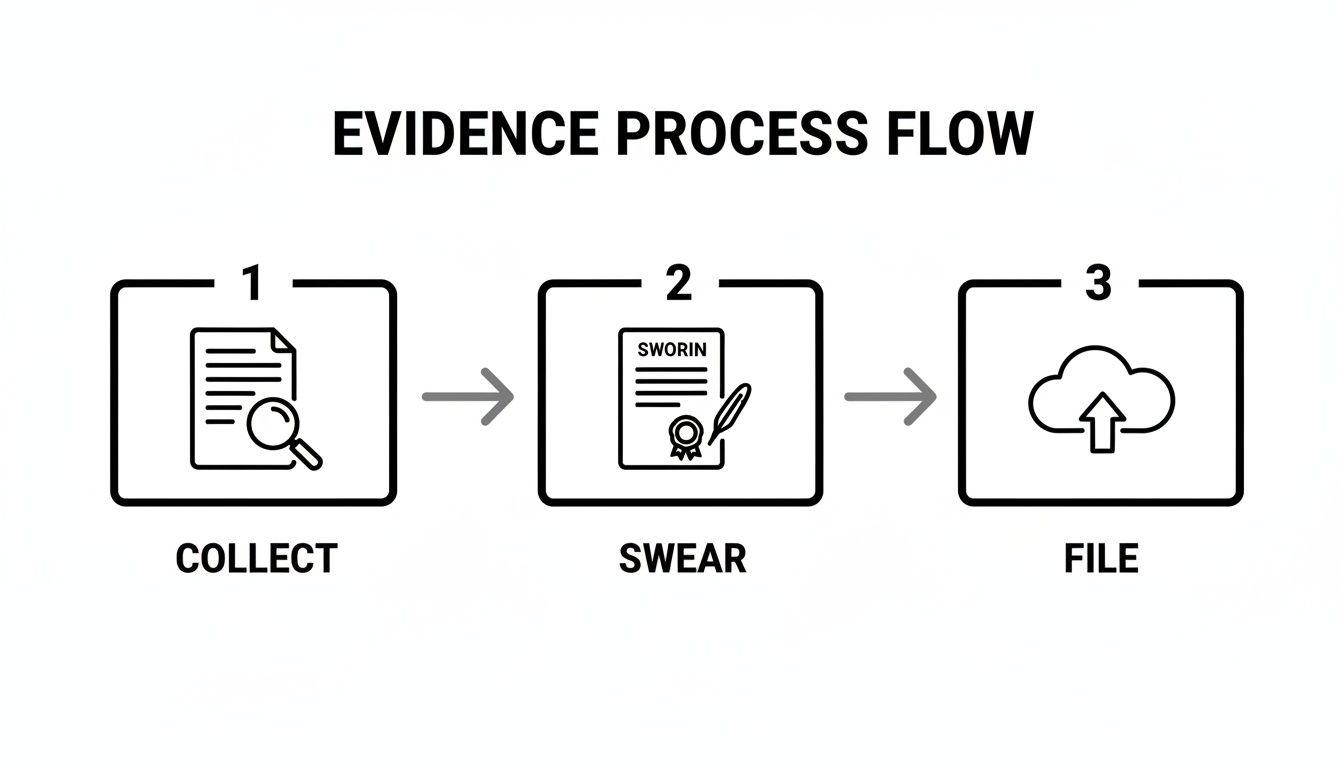 A three-step evidence process flow diagram showing collecting, swearing, and filing legal documents.