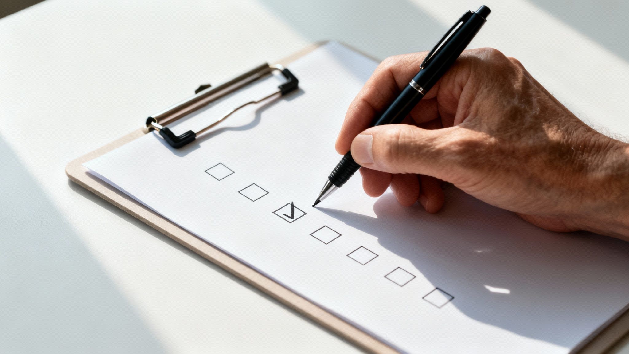 A person's hand uses a black pen to check a box on a white checklist on a clipboard.