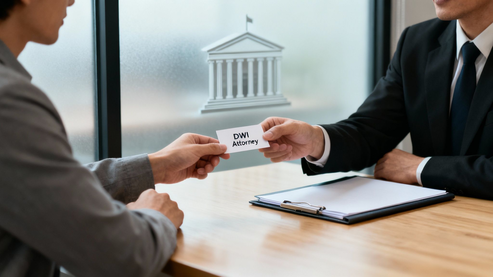 Person handing a business card labeled "DWI Attorney" to another individual in a professional setting, with a courthouse symbol in the background, illustrating the importance of selecting a specialized DWI lawyer.