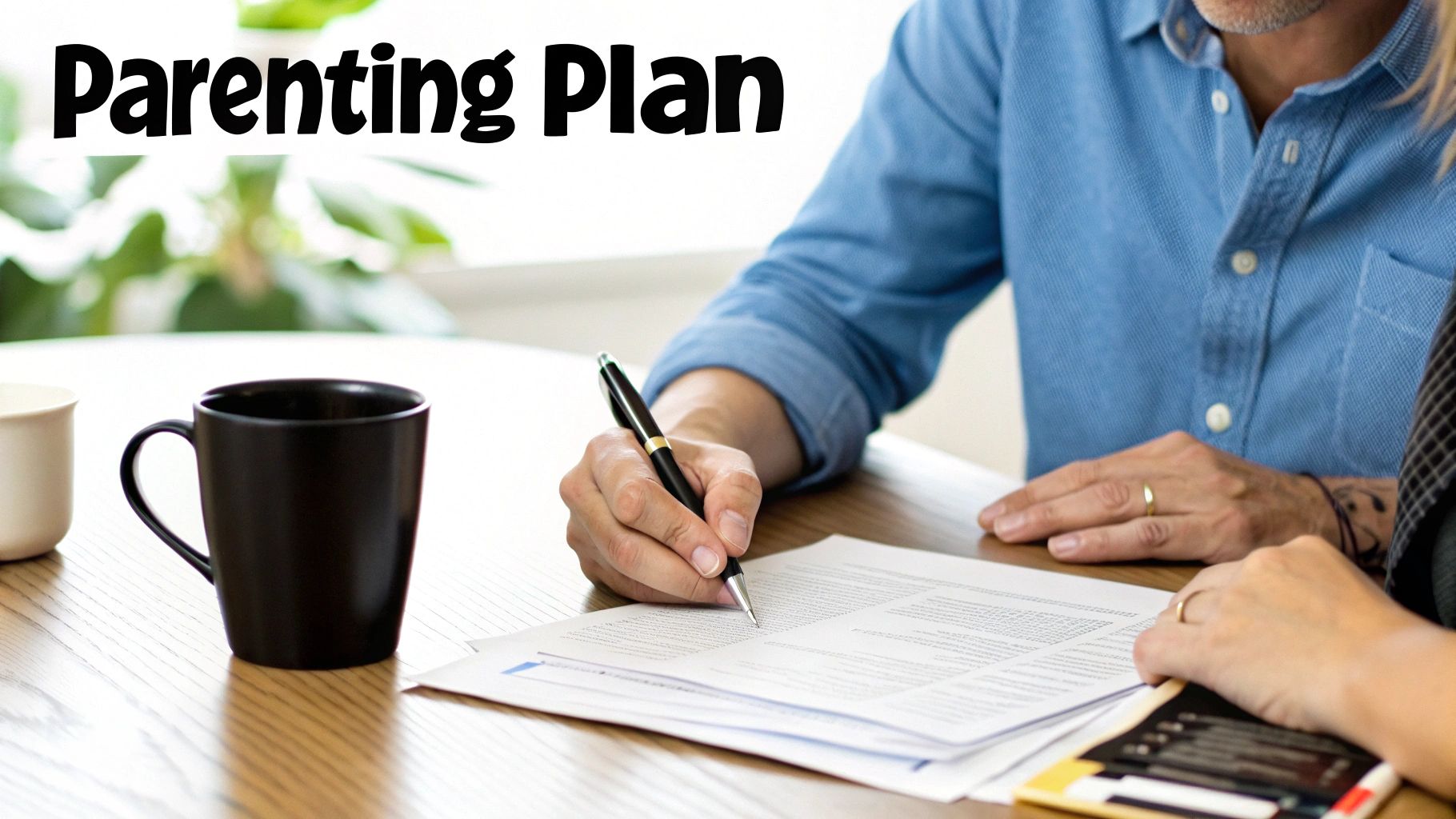 Two parents reviewing and signing a parenting plan document at a table.