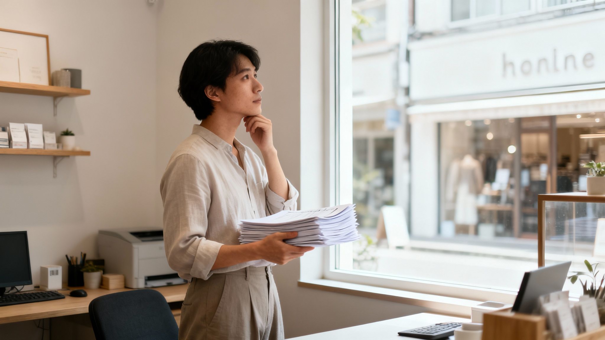Thoughtful young businessman with papers looking out an office window in a bright room.