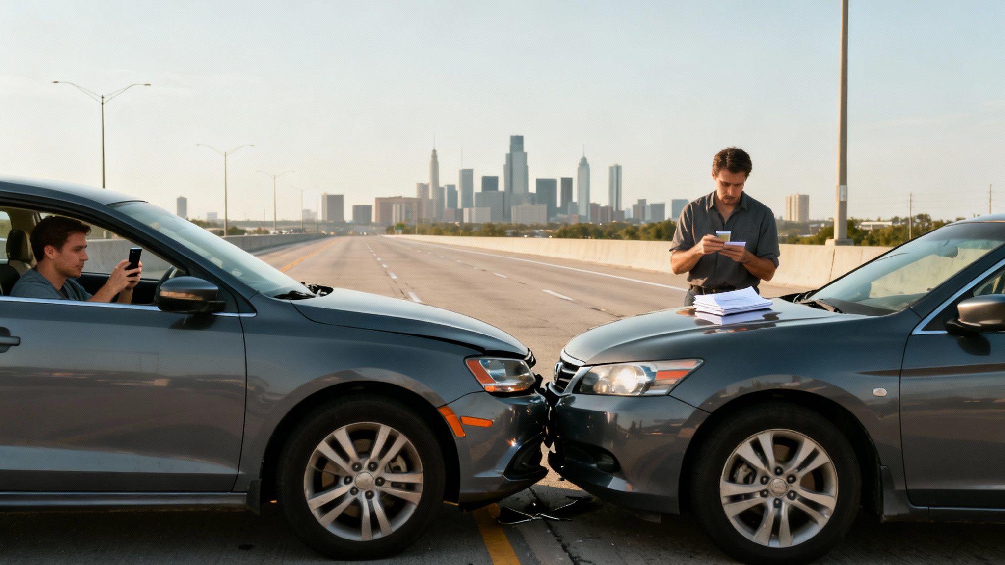 Two men on a highway dealing with a car accident, one on phone, the other with documents.