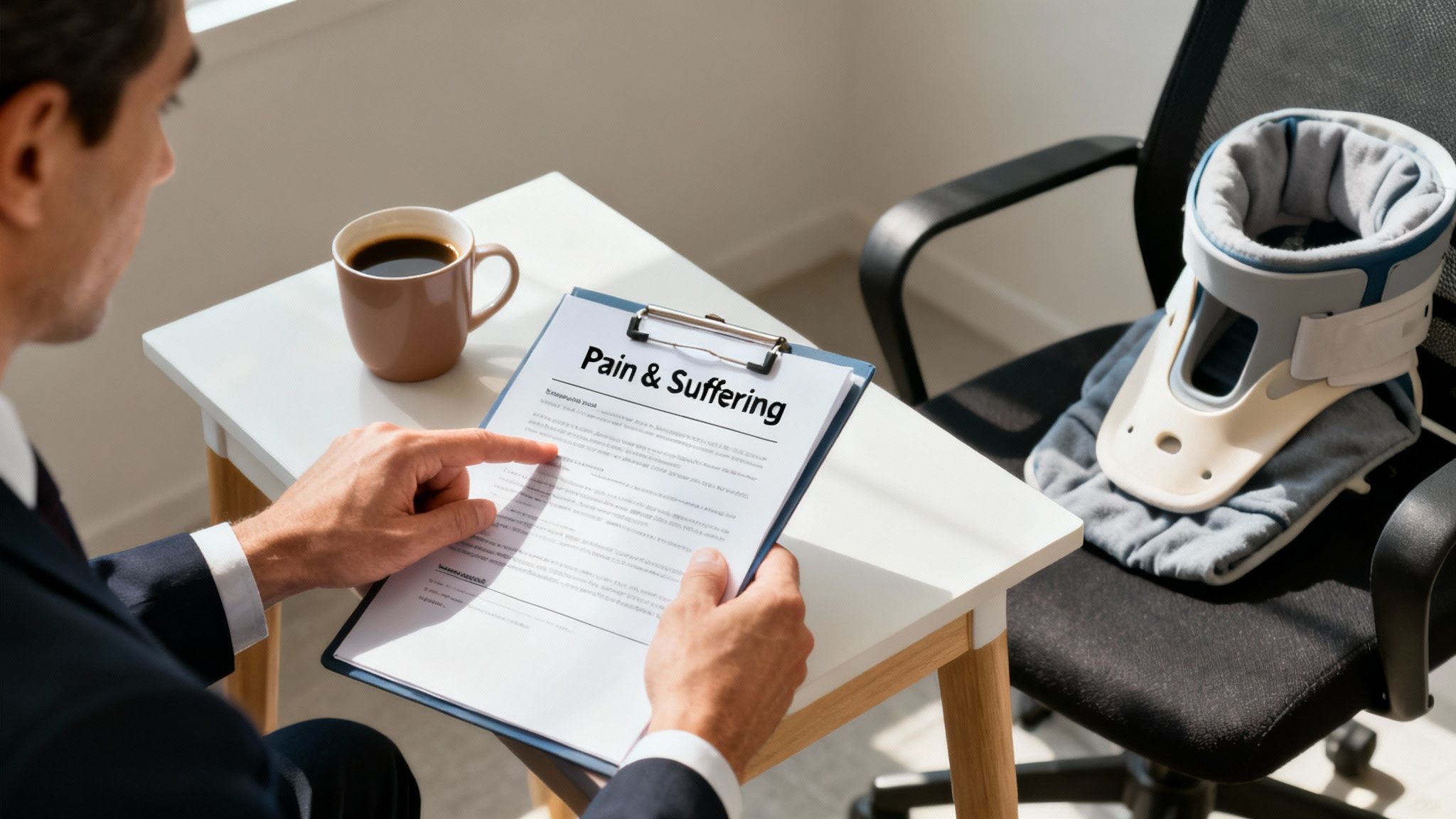 A compassionate lawyer reviewing settlement documents with a car accident victim.