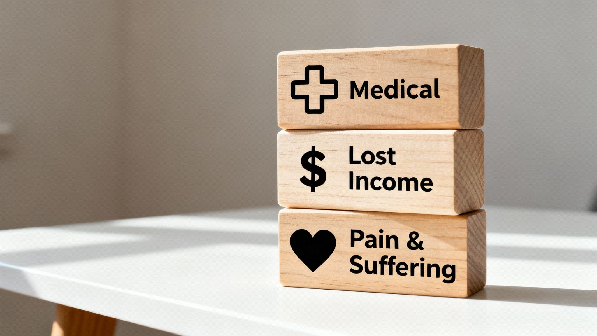 Wooden blocks stack showing 'Medical', 'Lost Income', and 'Pain & Suffering' representing accident damages.