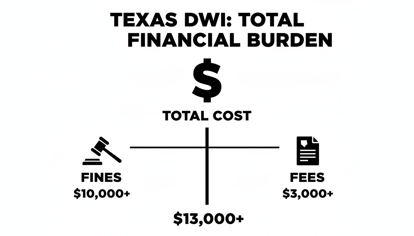 Texas DWI infographic illustrating total financial burden, with fines exceeding $10,000 and fees over $3,000, emphasizing total costs of $13,000 or more.