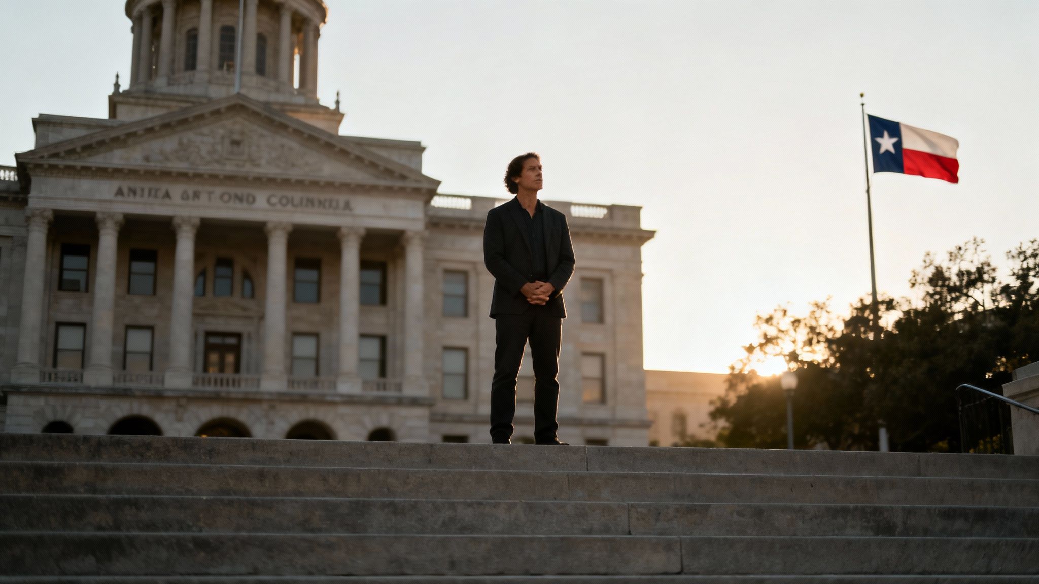 Man standing confidently on steps of San Antonio courthouse with Texas flag in background, symbolizing legal representation and support for domestic violence cases.