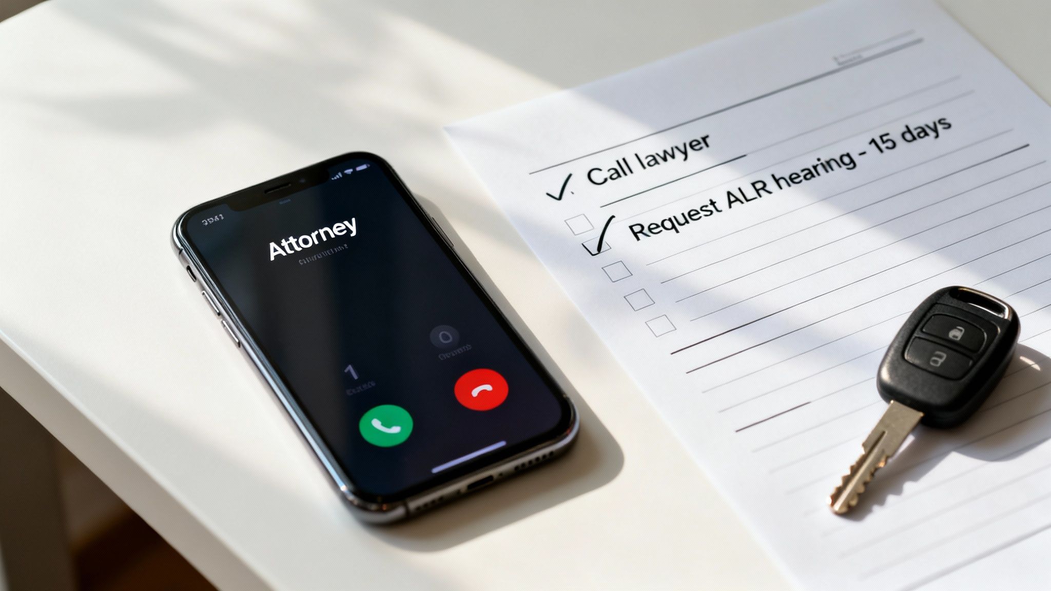 A smartphone displays an incoming call from 'Attorney' next to a legal checklist and car key.