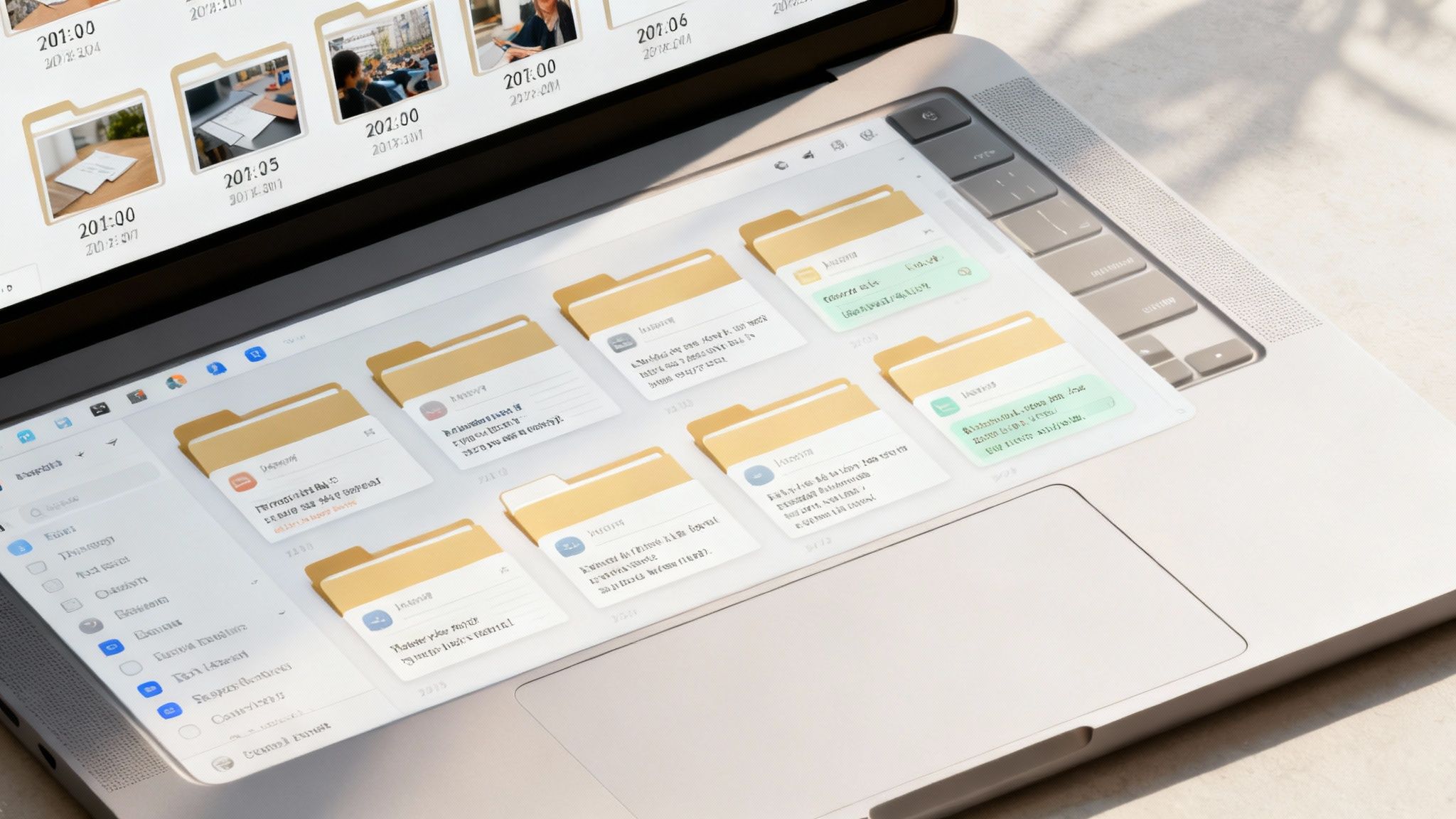 Man looking over legal documents and evidence laid out on a table.