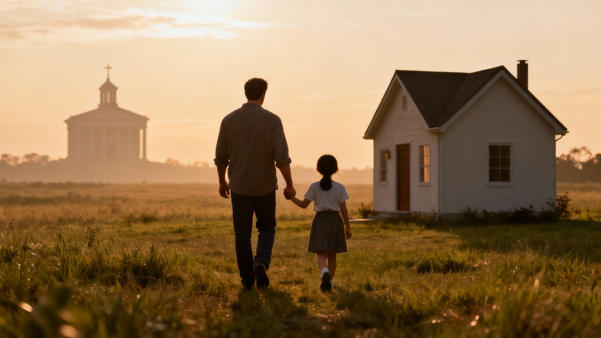 Father and daughter holding hands, walking in a field towards a house and distant church at sunset.