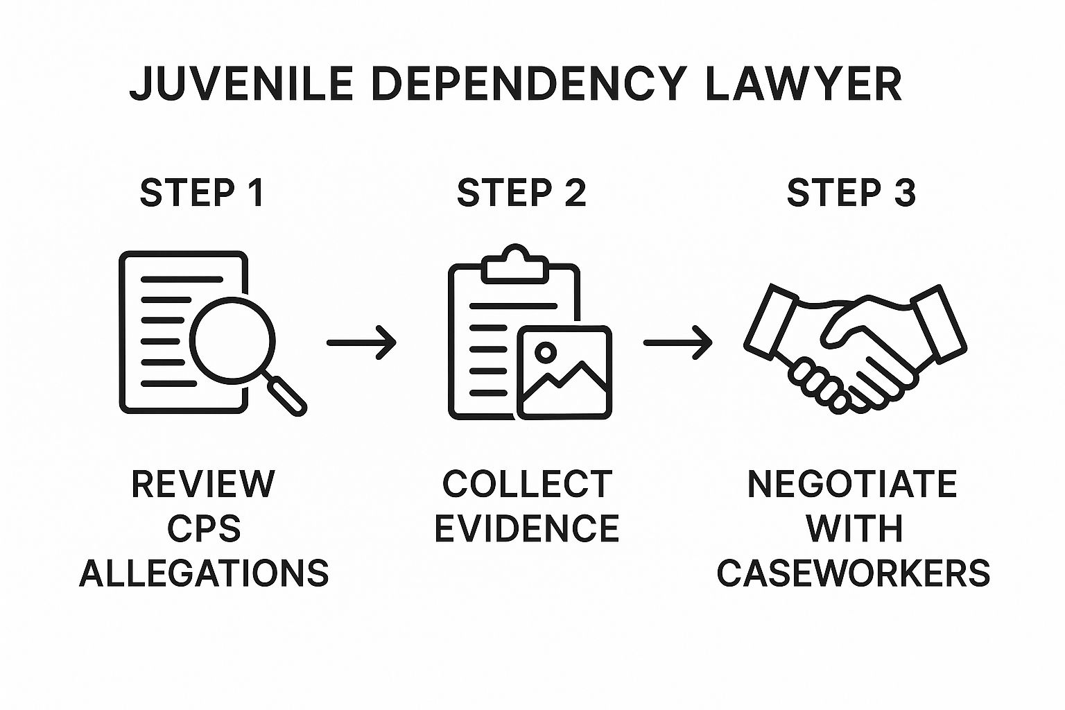Infographic showing the three key steps of a juvenile dependency lawyer's role: Reviewing CPS allegations, collecting evidence, and negotiating with caseworkers.