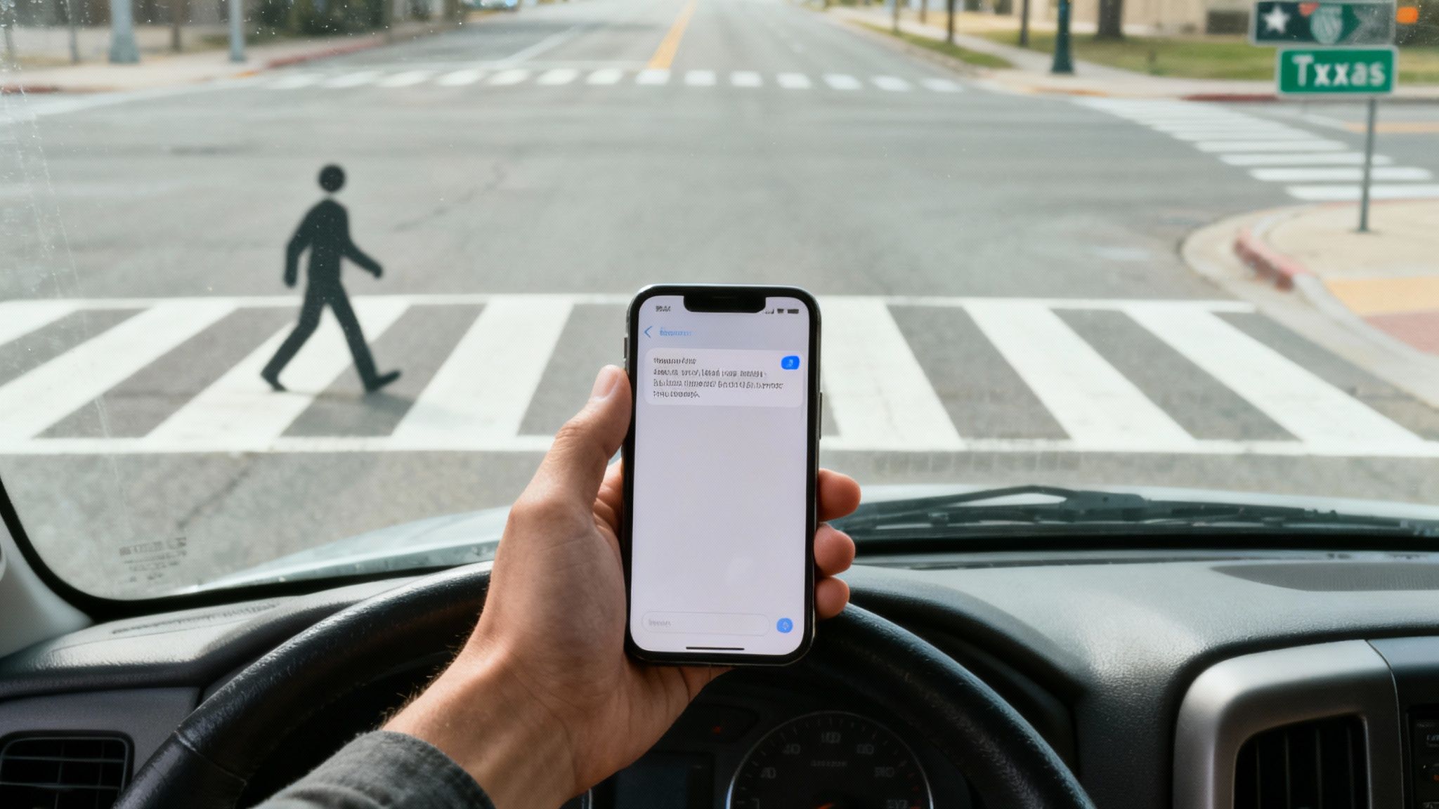 Person holding a smartphone in a car, showing a text message while a pedestrian crosses.