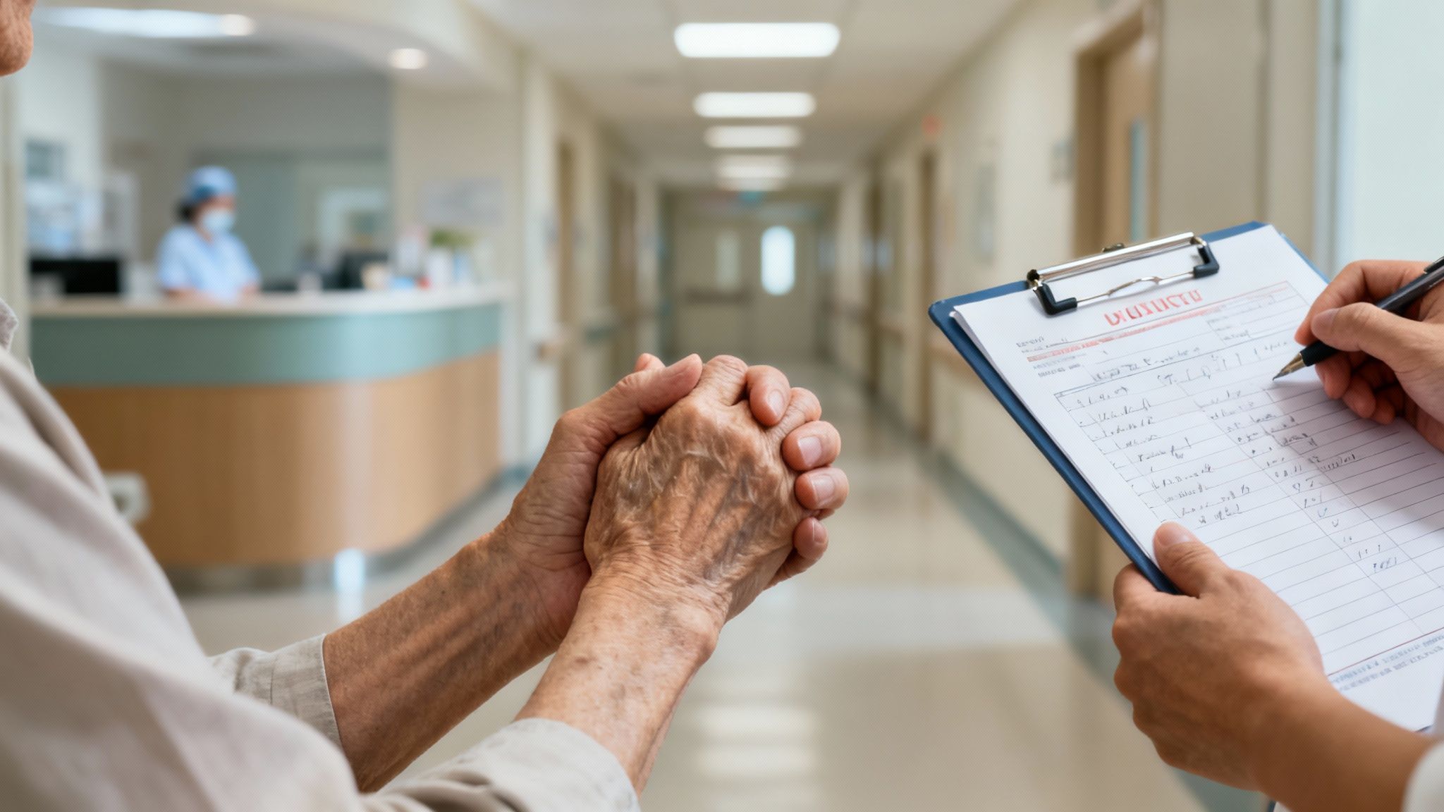 Close-up of an elderly person's clasped hands while a caregiver fills out a medical form in a hospital.