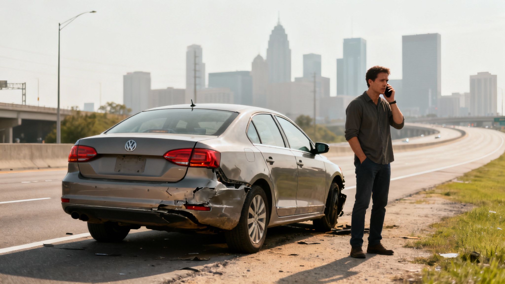 A compassionate Houston car accident lawyer discussing a case with a client in a bright office.