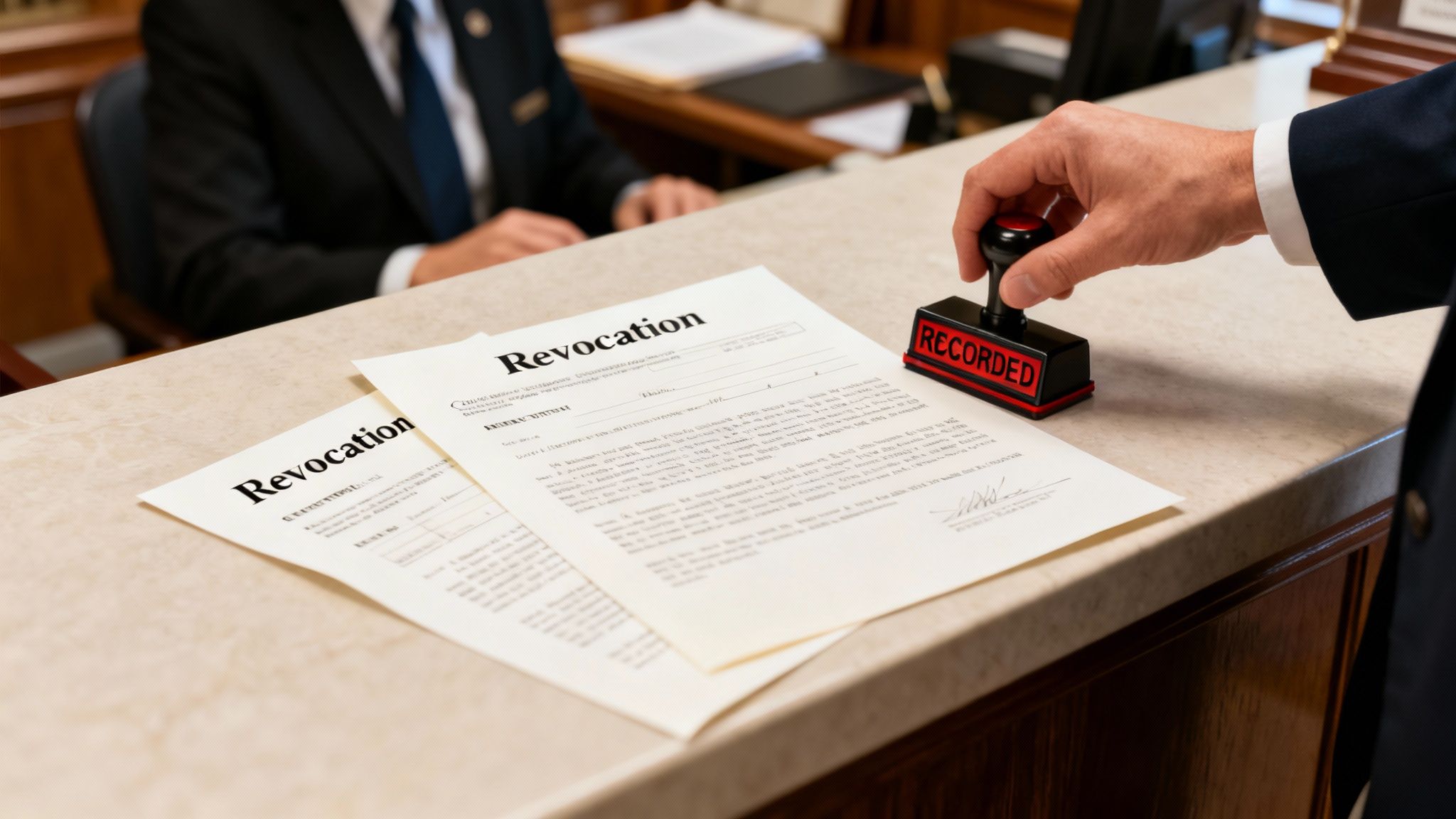 A hand stamps a “RECORDED” mark onto a “Revocation” legal document on a counter.