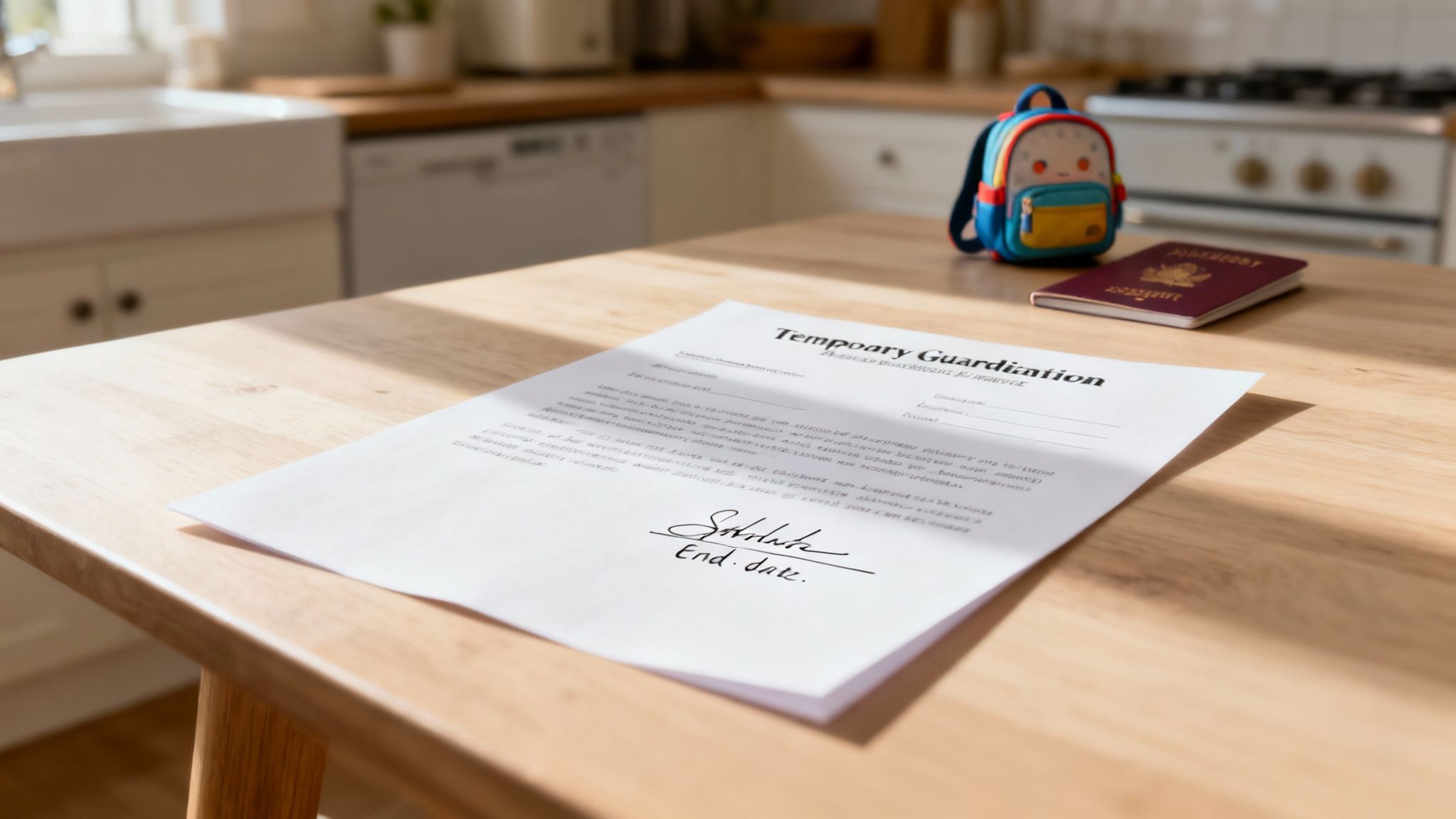 Temporary guardianship letter on a wooden table, with a child's backpack and passport nearby, illustrating essential documentation for short-term child care in Texas.