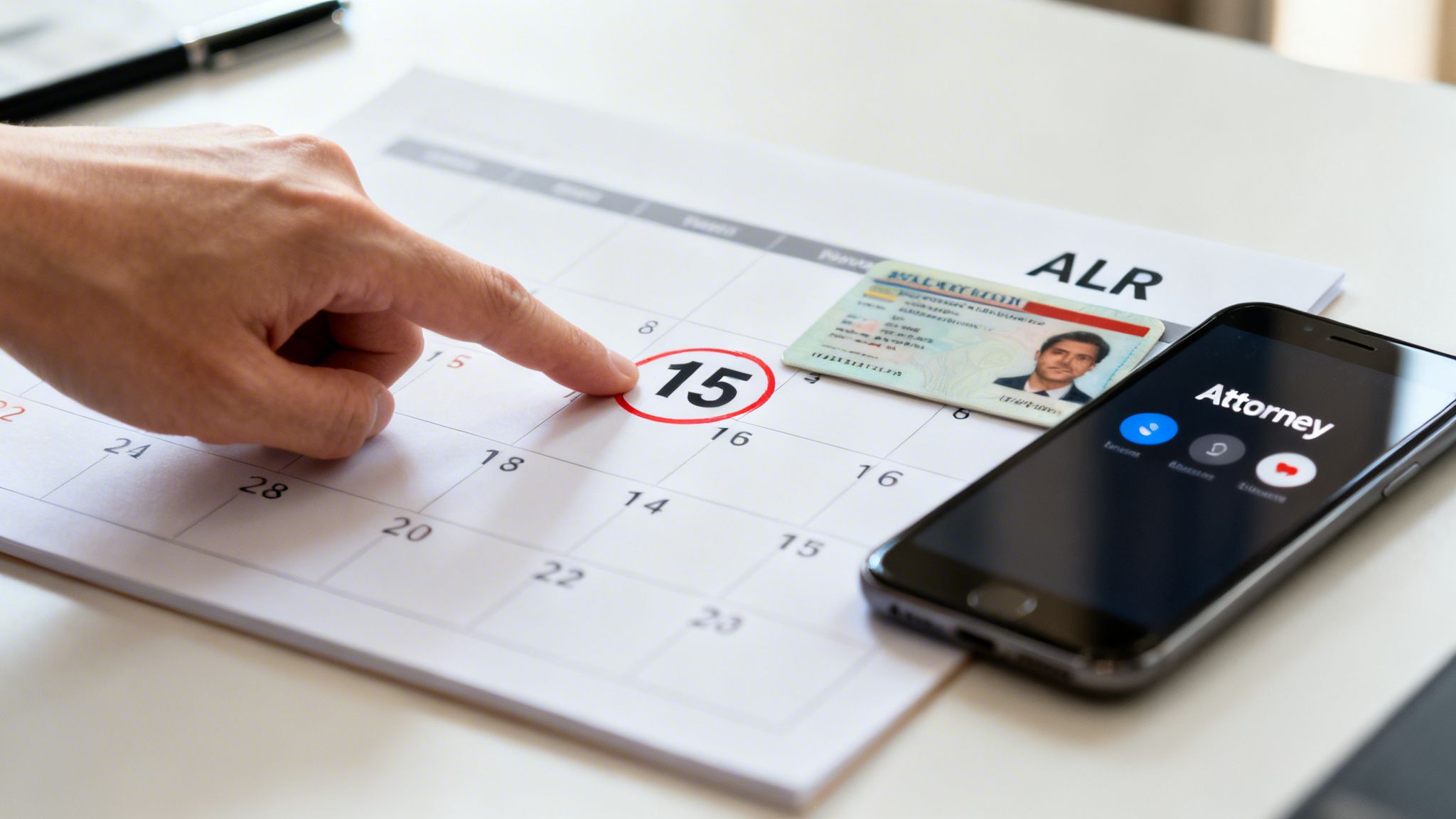 A hand points to the 15th on a calendar, with an ID card and a smartphone calling 'Attorney'.