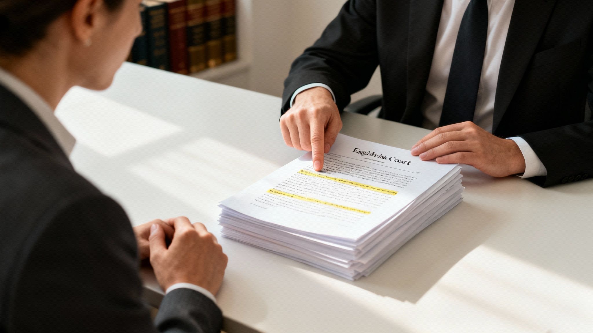 A lawyer points to highlighted text on court documents while consulting a client at a desk.