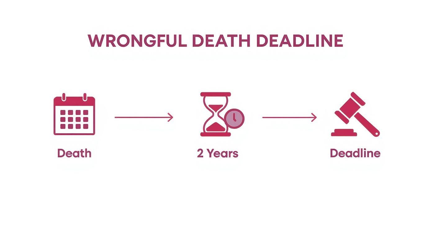 Infographic showing the two-year statute of limitations for wrongful death claims in Texas, starting from the date of death.