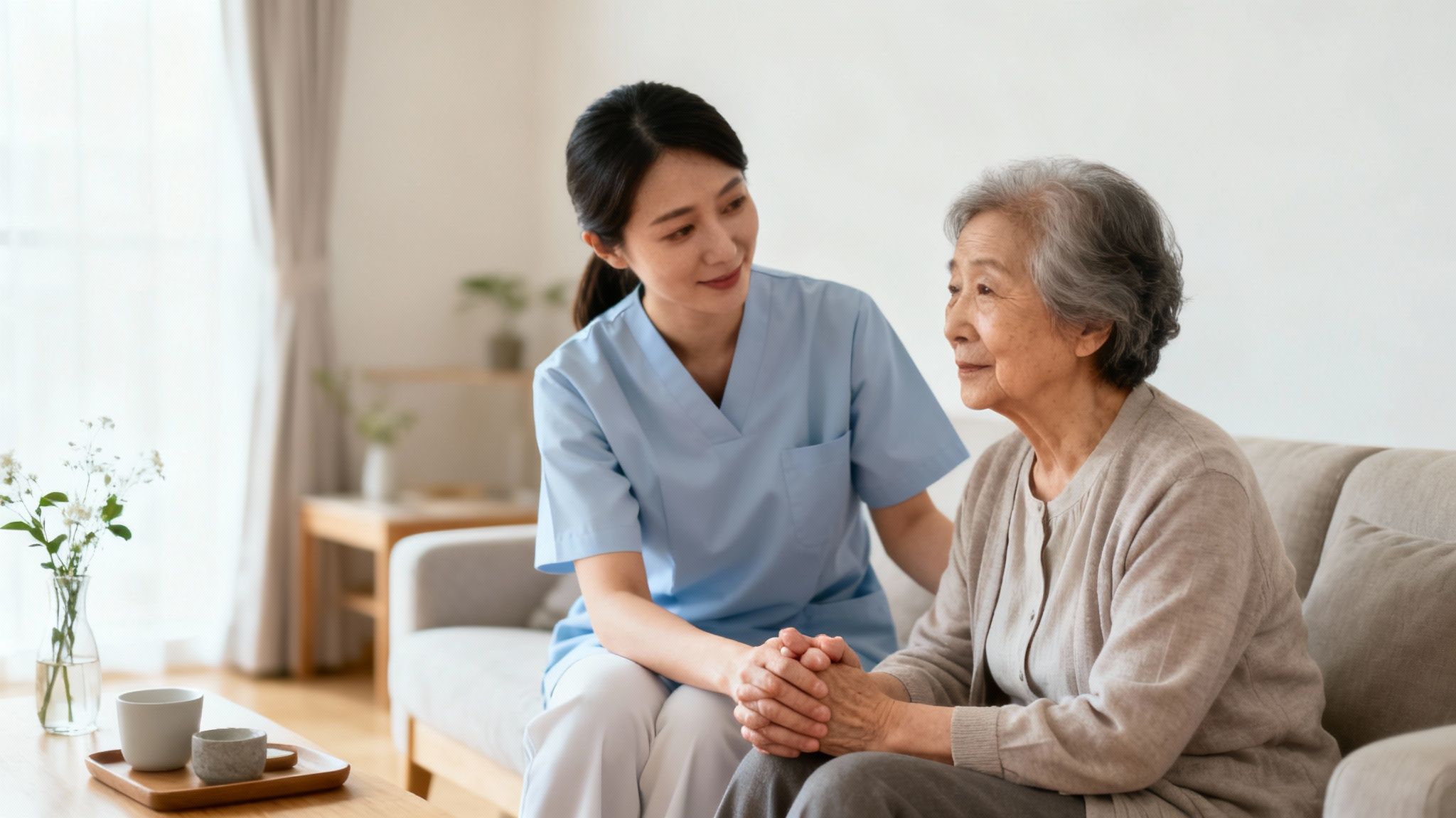 A caring female nurse comforts an elderly Asian woman on a sofa in a bright room.
