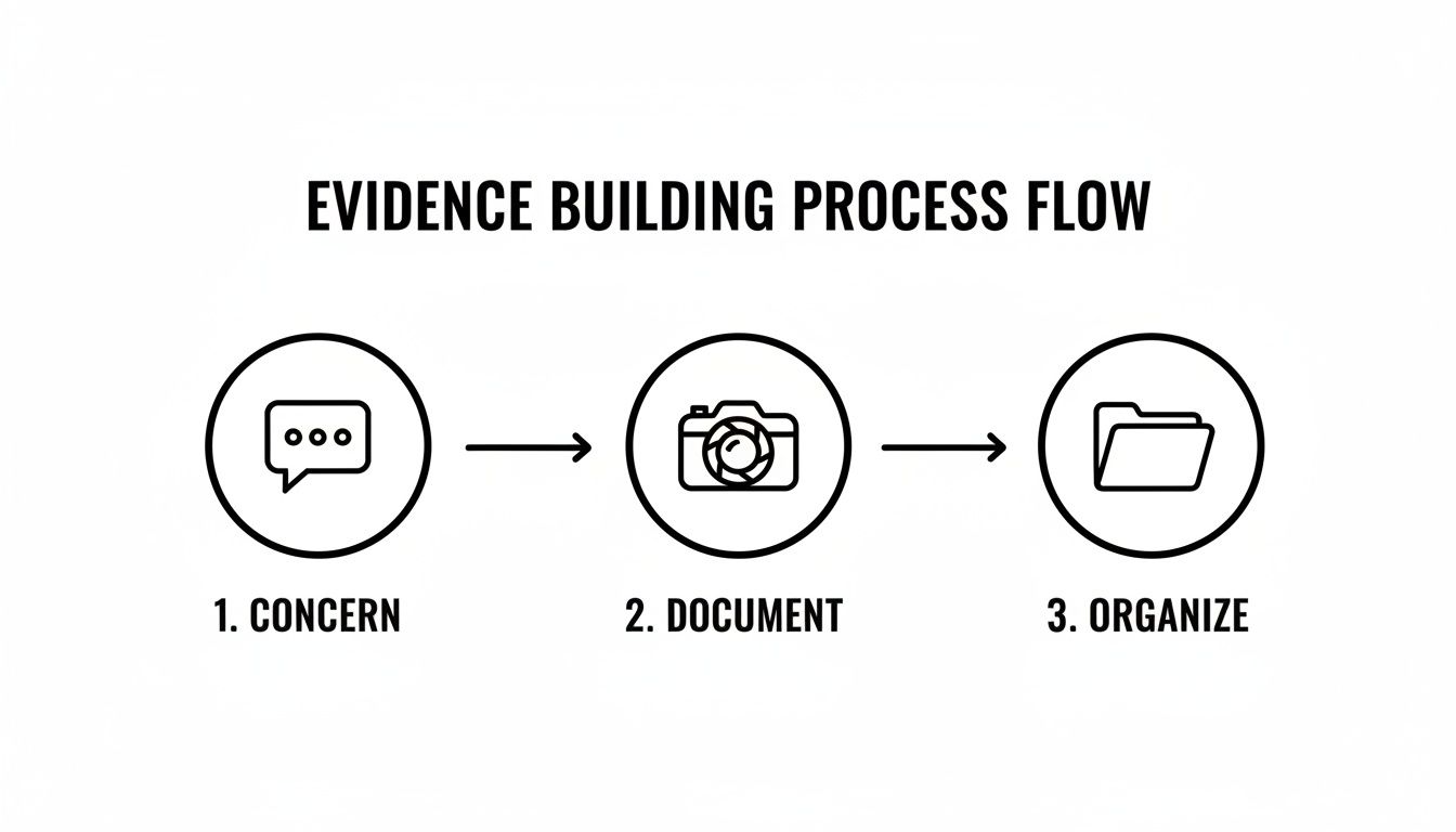 A three-step evidence building process flow shows concern, document, and organize with corresponding icons.