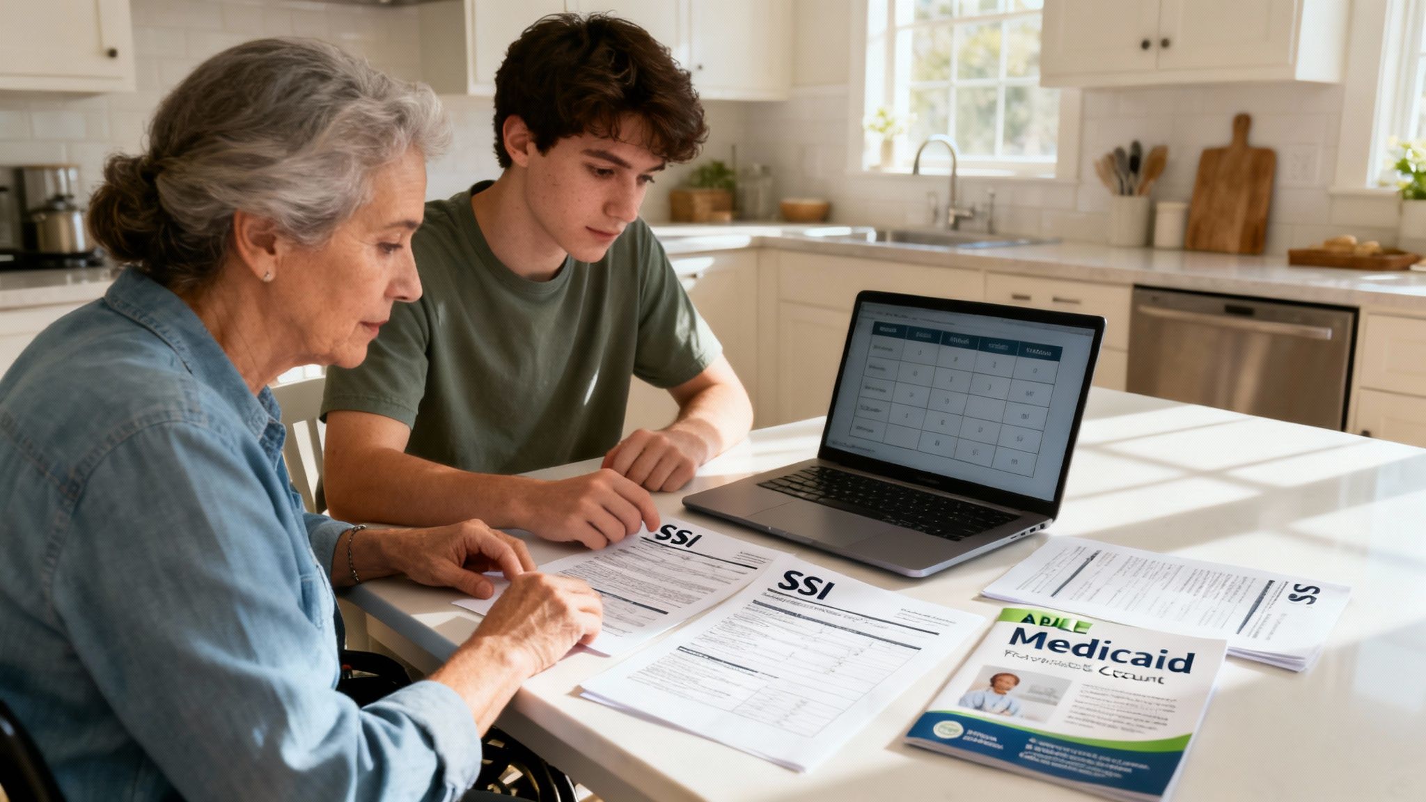 Grandmother and grandson review SSI and Medicaid documents with a laptop on a kitchen counter.