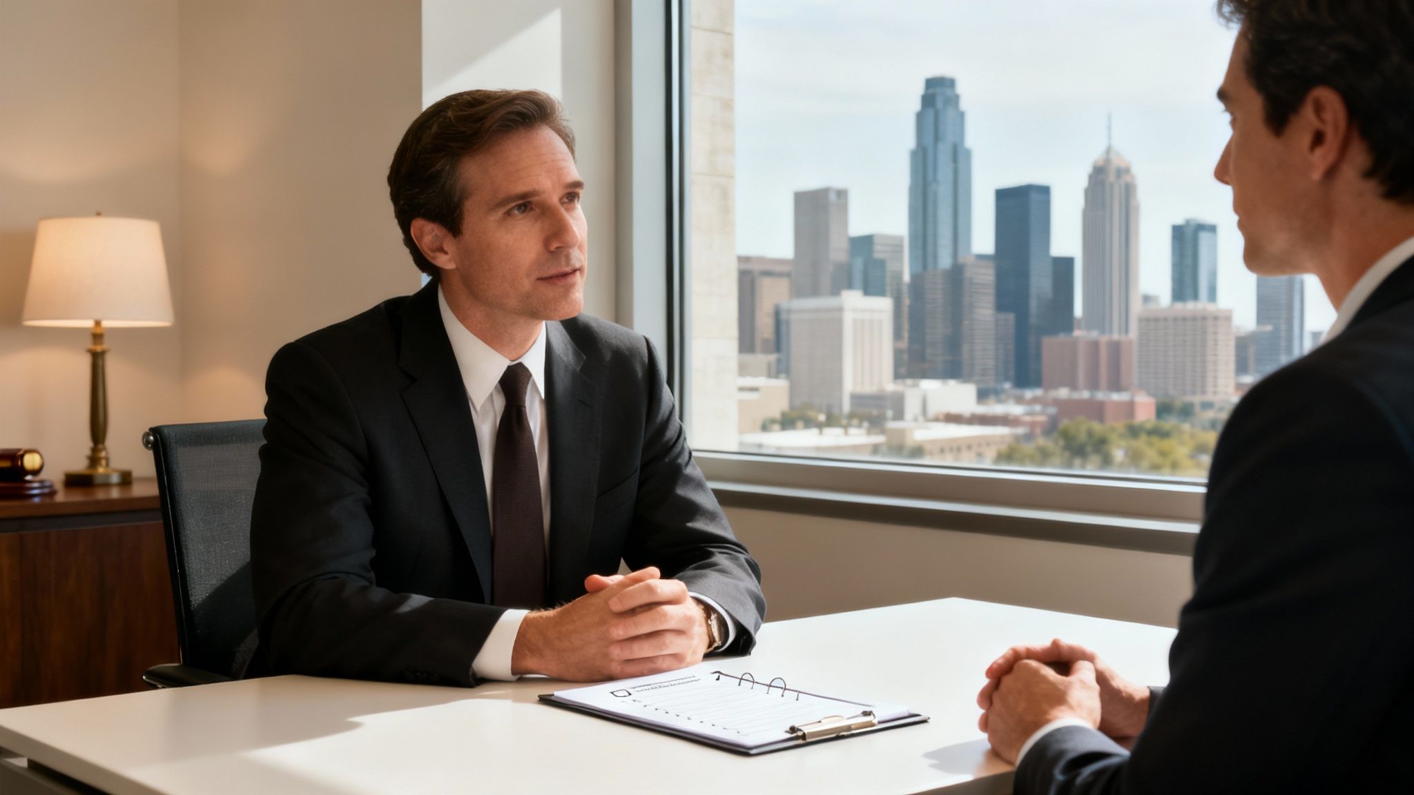 Una abogada sonriente consultando con una pareja en su oficina de Houston.