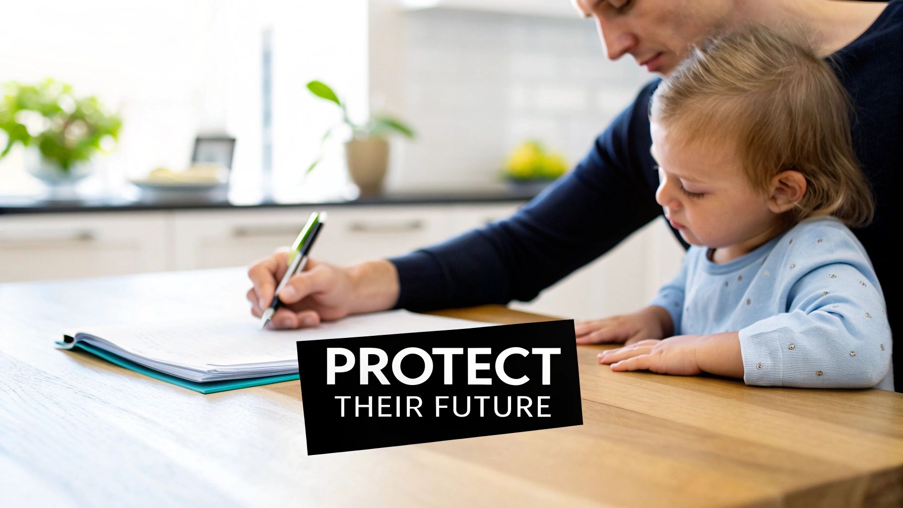 A parent writes documents at a table with their young child, symbolizing family protection and future planning.