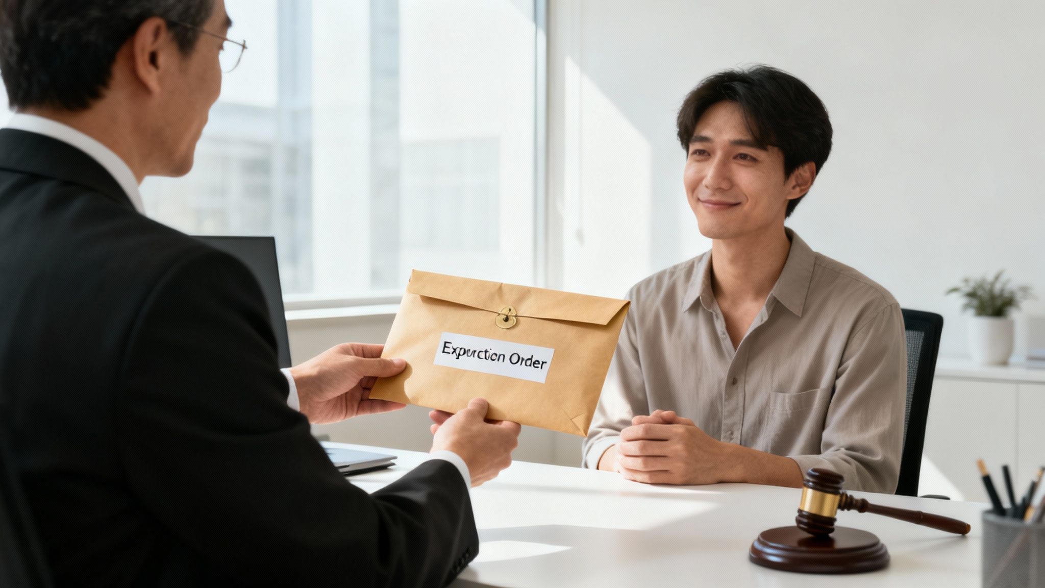 Attorney handing a client an envelope labeled "Expunction Order" in a law office setting, symbolizing legal resolution for DWI charges.