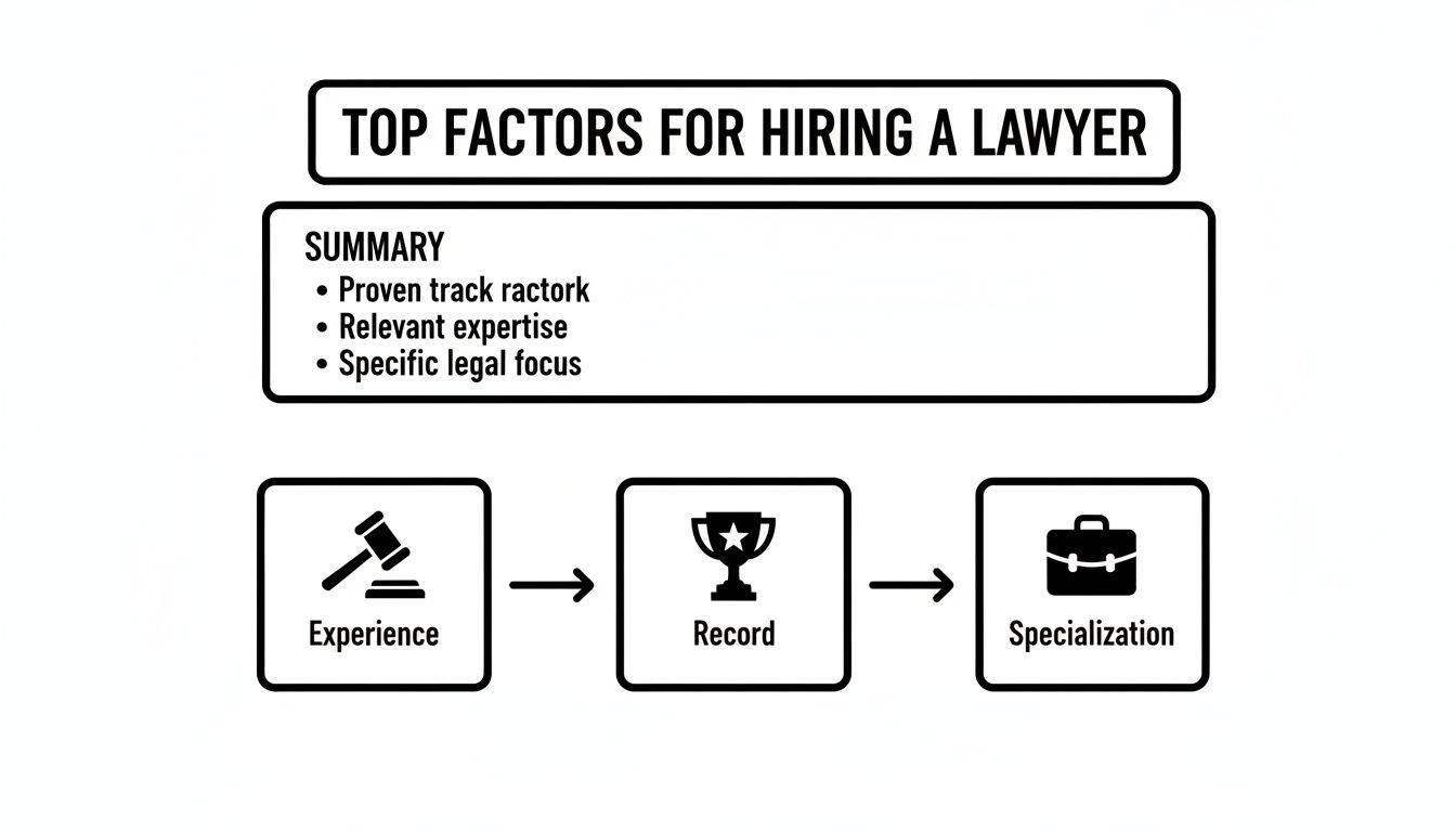 Infographic showing top factors for hiring a lawyer: experience, record, and specialization, with a summary.