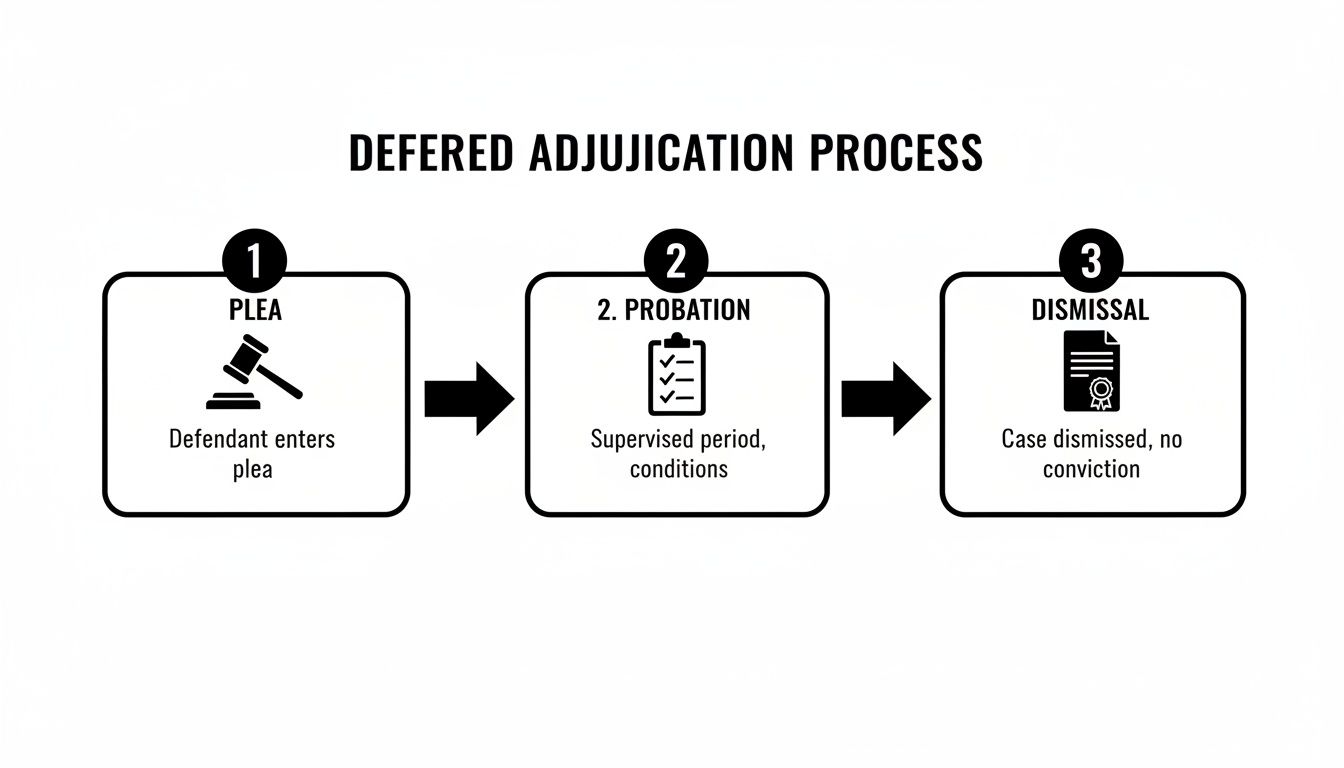 Flowchart illustrating the deferred adjudication process: defendant enters plea, supervised probation period, and case dismissed with no conviction.