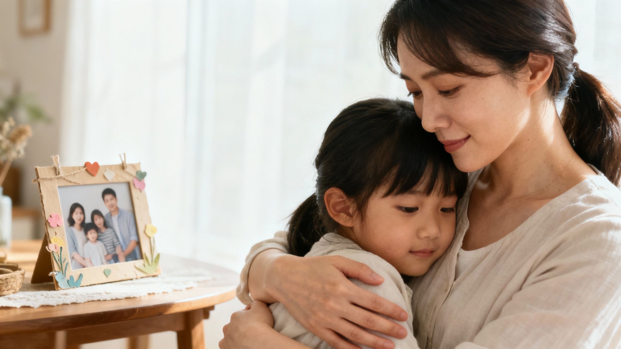 A happy family shares a warm hug, symbolizing the love and connection of adoption.