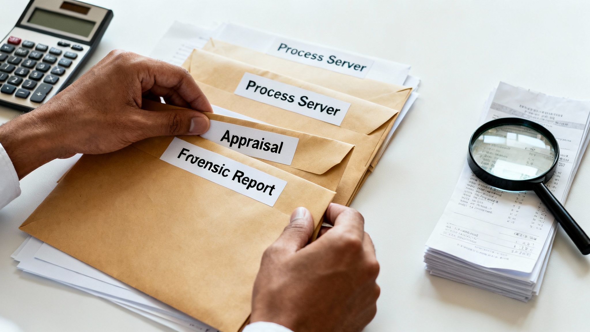 Hands organize legal documents labeled "Forensic Report," "Appraisal," and "Process Server," next to a calculator and magnifying glass.