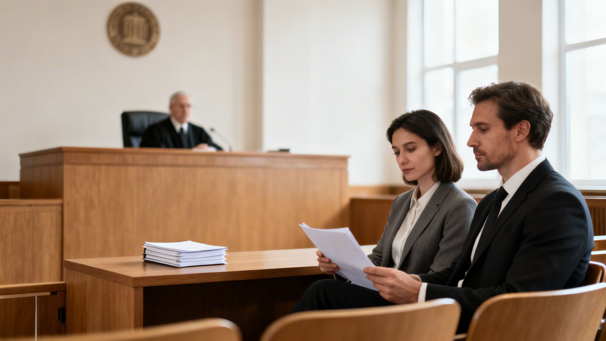 Lawyers or clients review documents in a formal courtroom setting, with a judge visible.