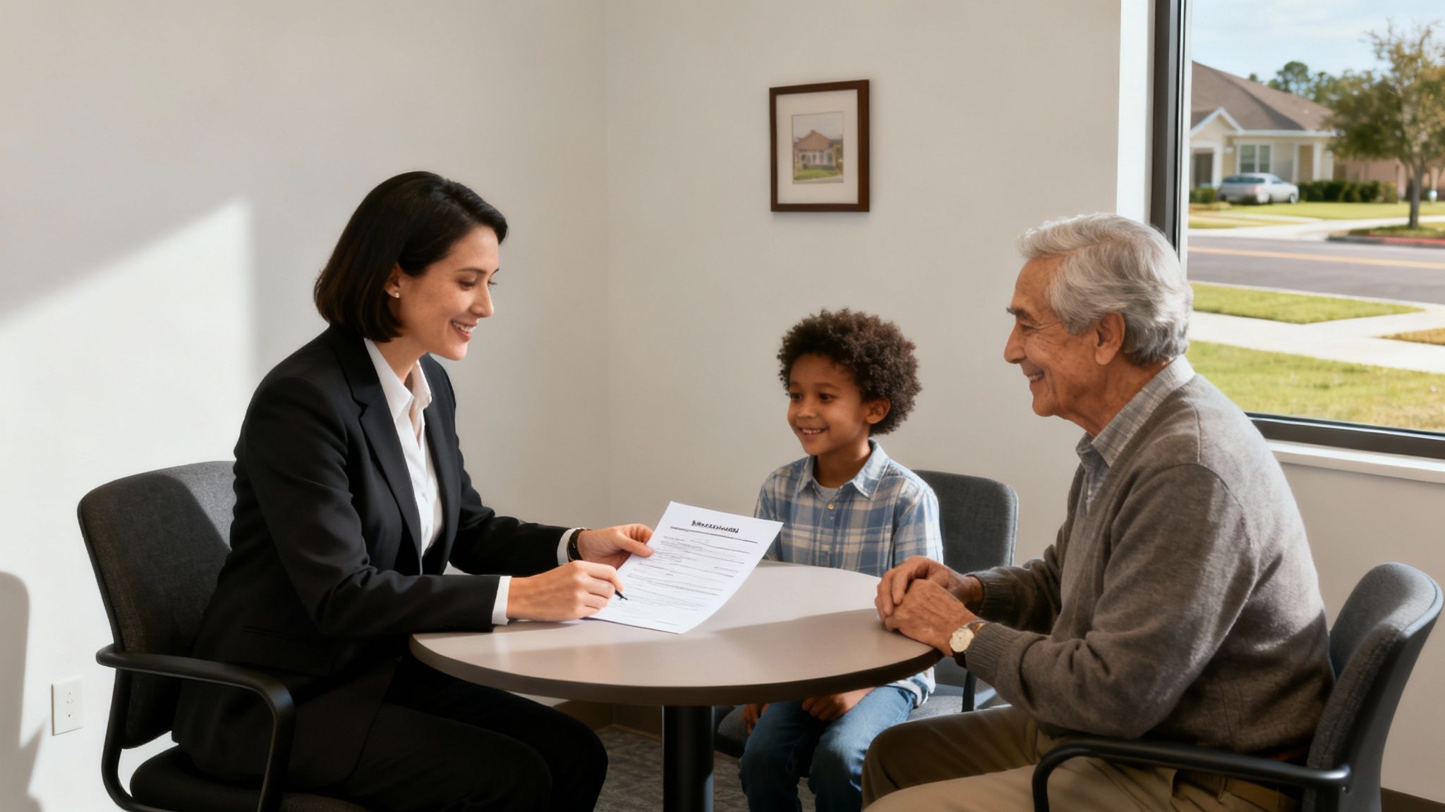 Woman consulting with a child and an elderly man, discussing guardianship paperwork in a legal office setting, emphasizing family support and legal guidance.