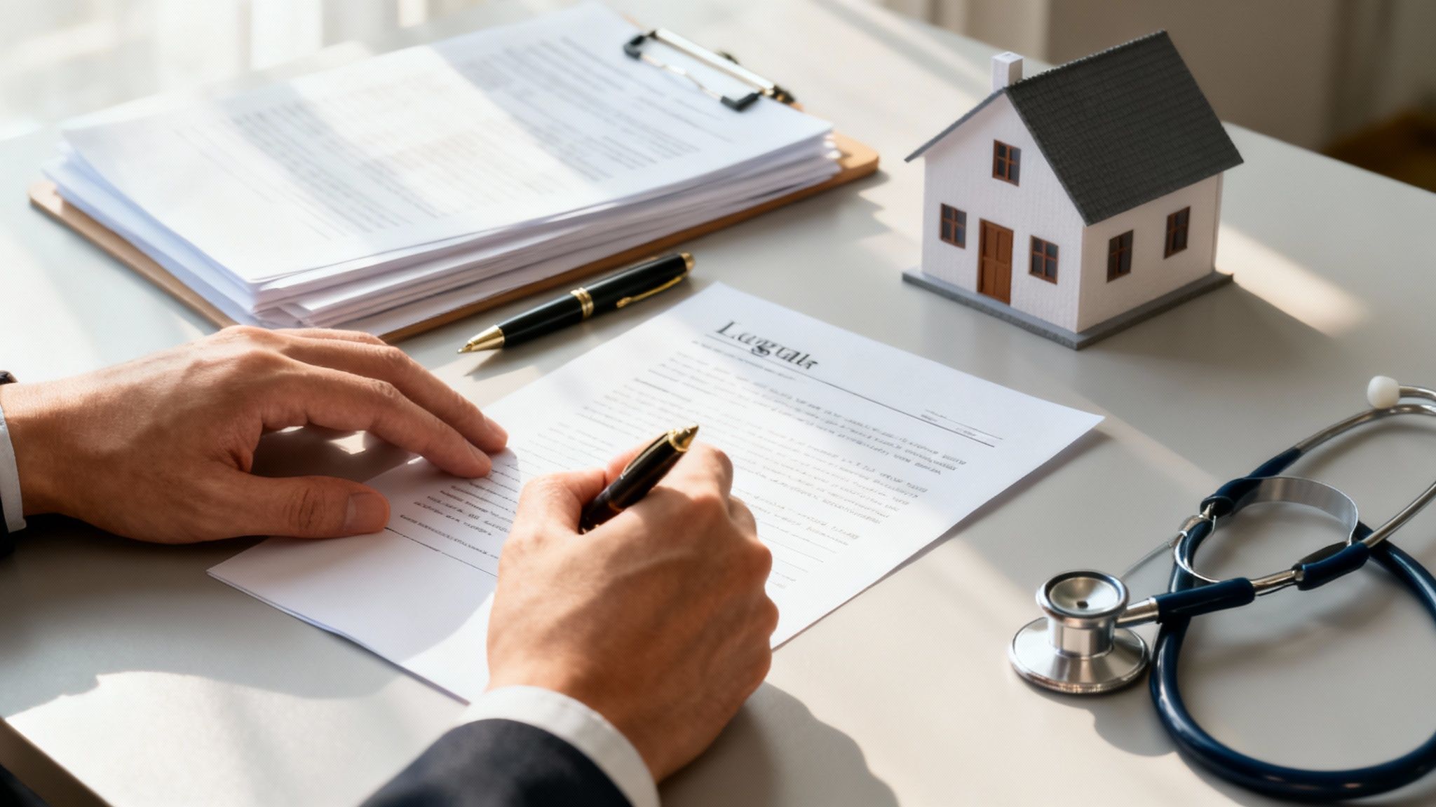 A person signing a legal document on a desk with a house model, stethoscope, and other papers.