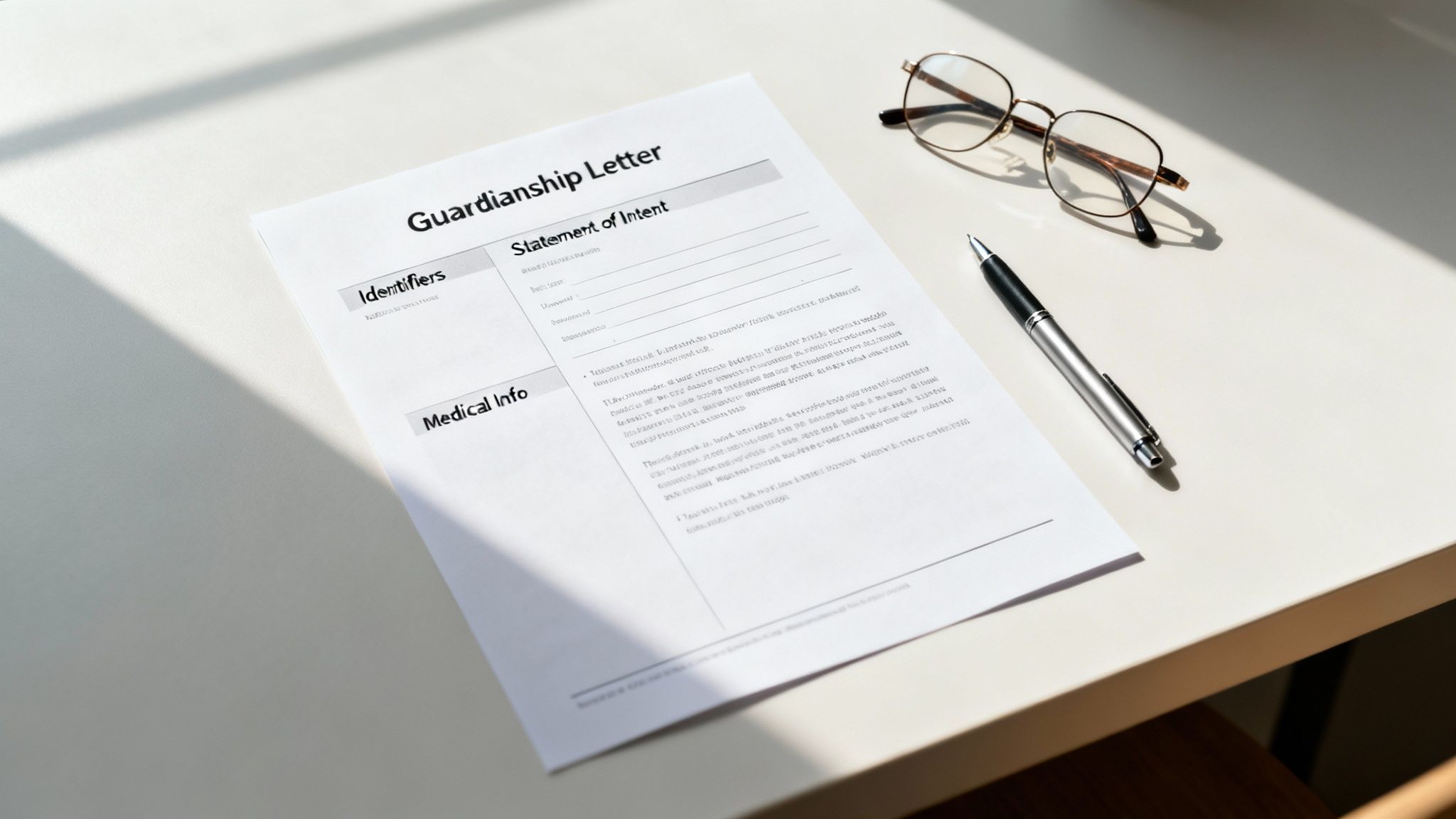 A Guardianship Letter document with a pen and glasses on a white desk with sunlit shadows.