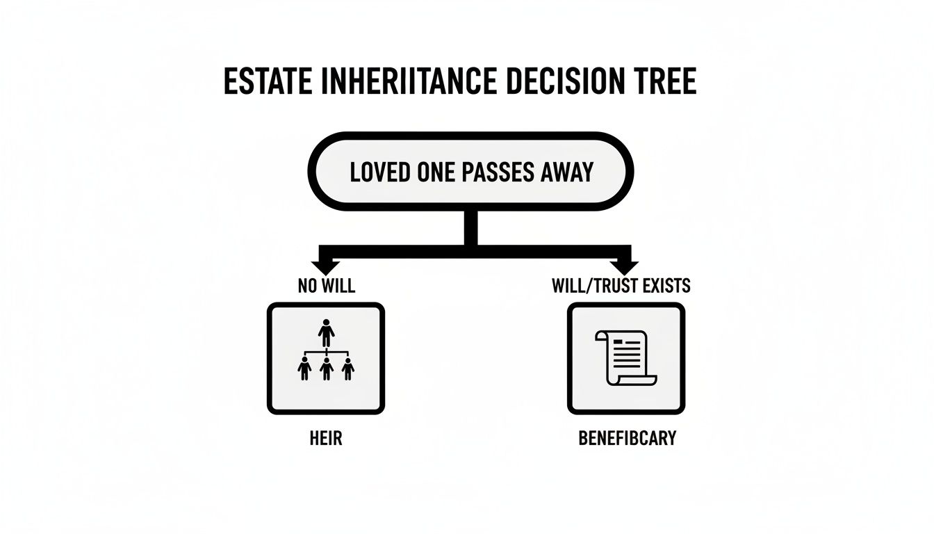 Estate inheritance decision tree showing paths: 'Heir' without a will, 'Beneficiary' with a will/trust.