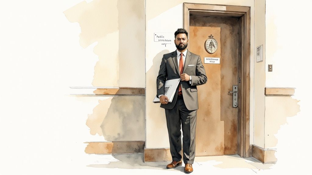 Man in a suit holding legal documents outside a courtroom door, symbolizing preparation for a custody hearing in family law.
