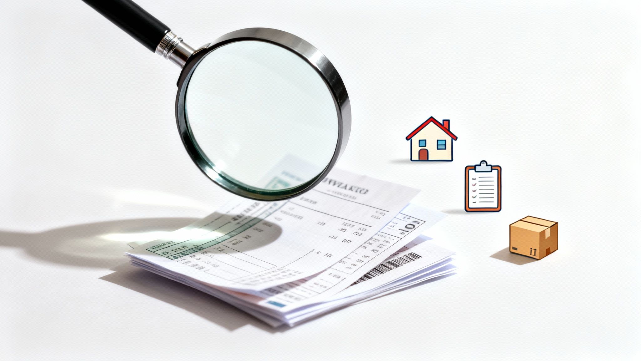 A magnifying glass examining a stack of bills next to icons of a house, checklist, and box.