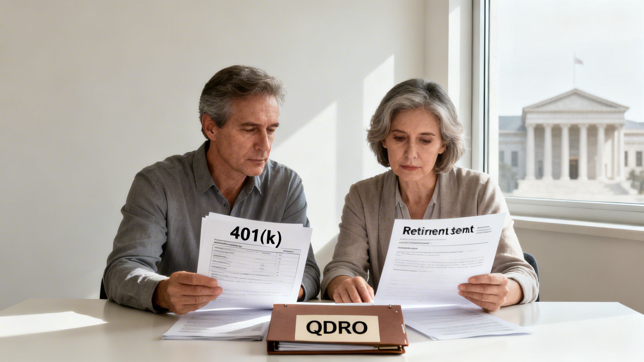 An older couple reviewing 401(k) and retirement documents with a QDRO folder on the table.