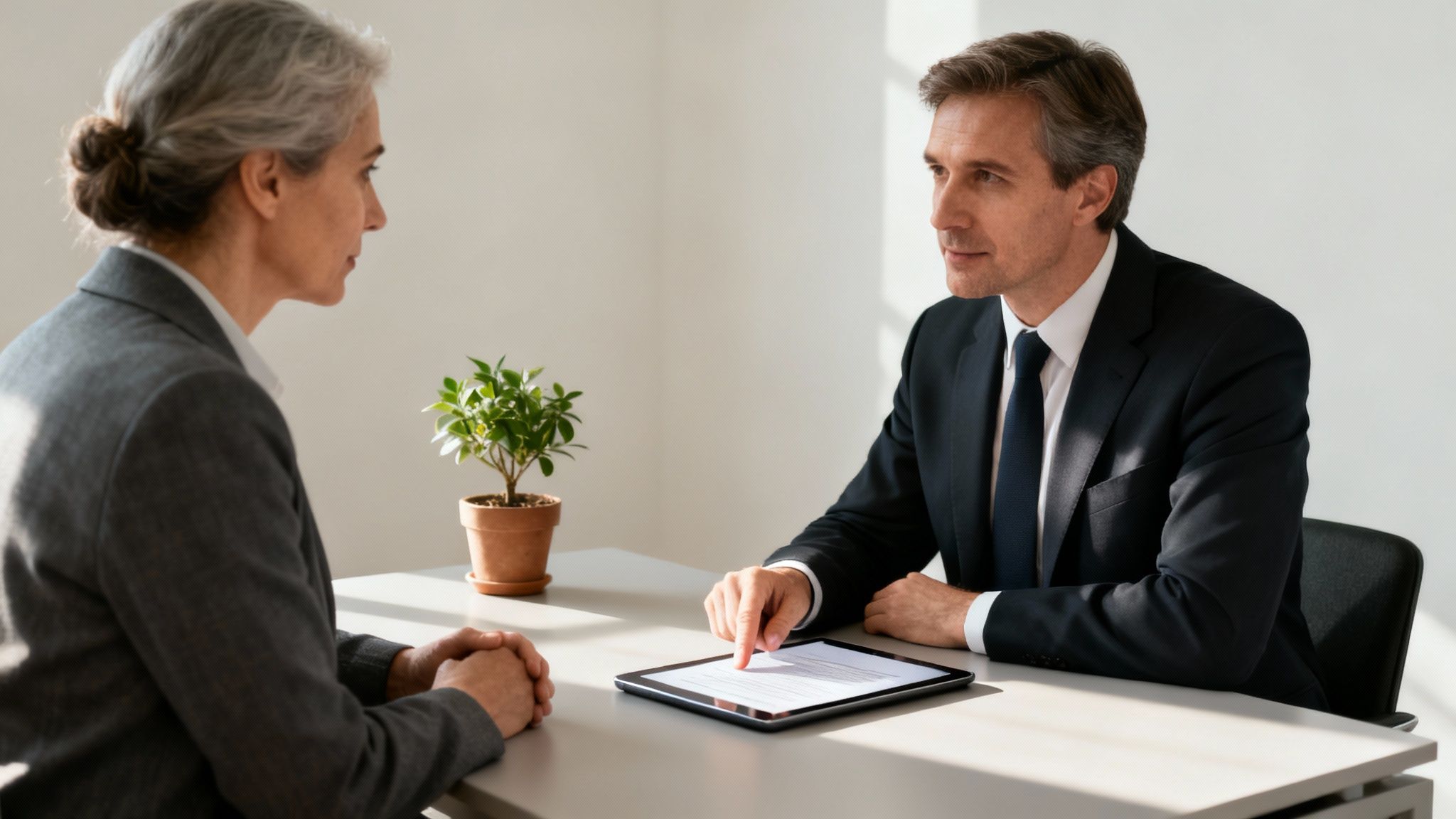 Two professionals, an older woman and a man in a suit, discuss documents on a tablet.