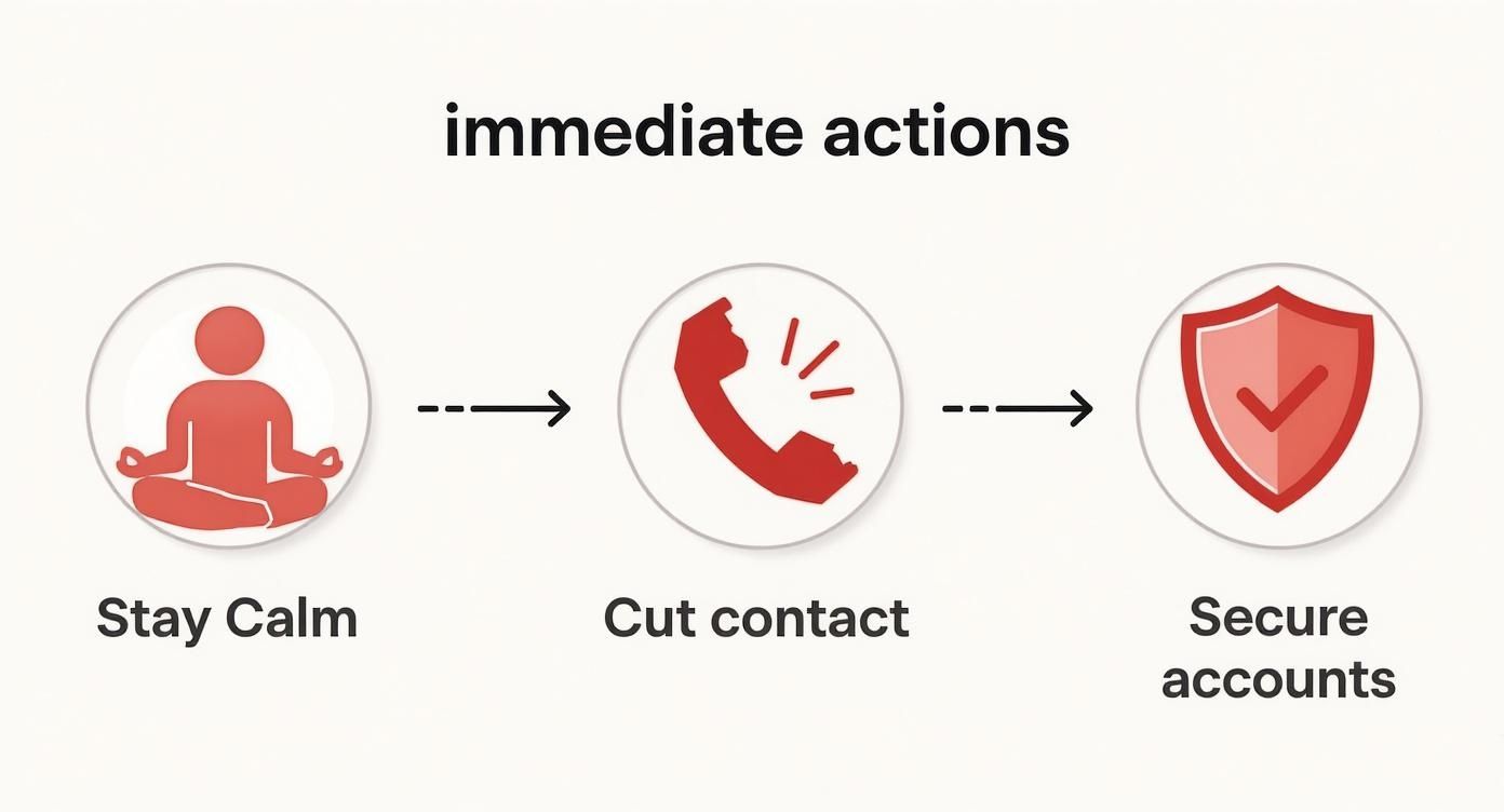 A graphic illustrating three immediate actions: stay calm, cut contact, and secure accounts with icons.