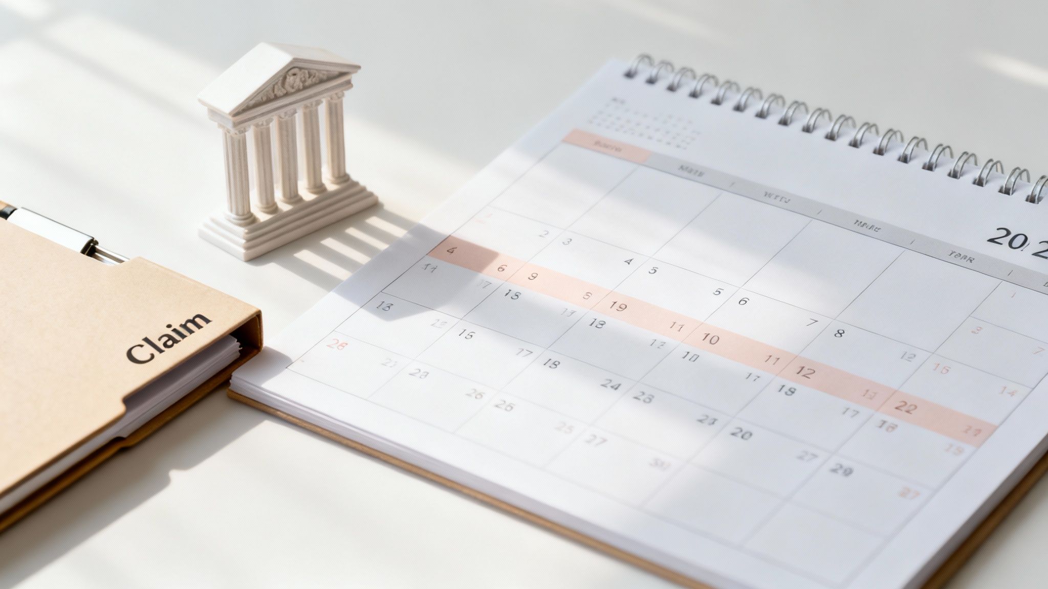 Desk setup with a 'Claim' folder, courthouse model, and calendar highlighting important dates.