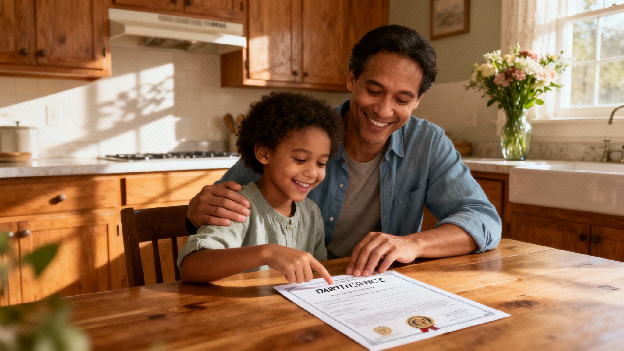 A family celebrating together, looking happy and secure after finalizing their adoption.