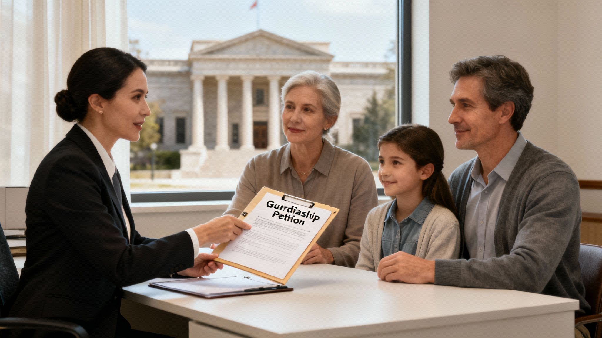 A lawyer presents a Guardianship Petition to a family, including a child, in a legal office.