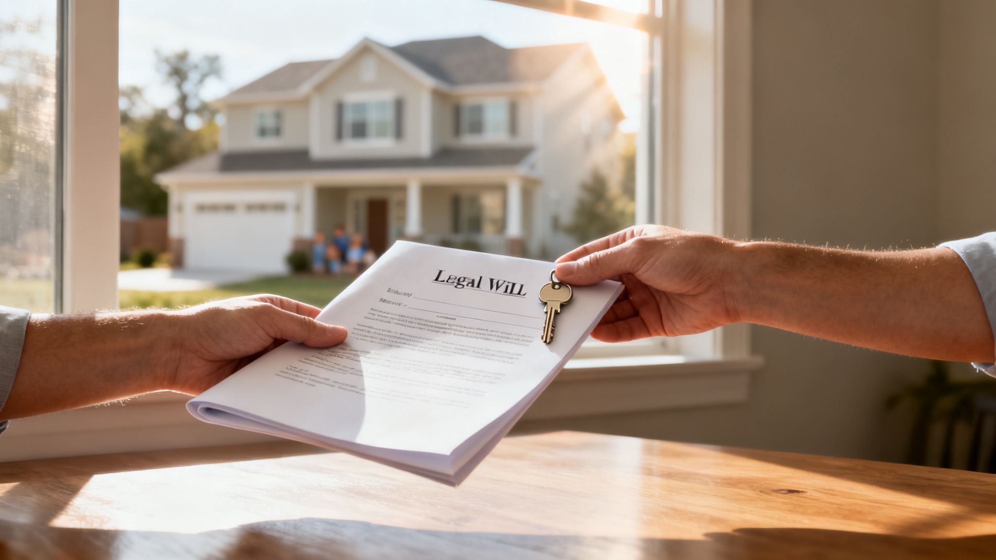 Hands exchanging a 'Legal Will' document and house key with a family home in the background at sunset, symbolizing inheritance.