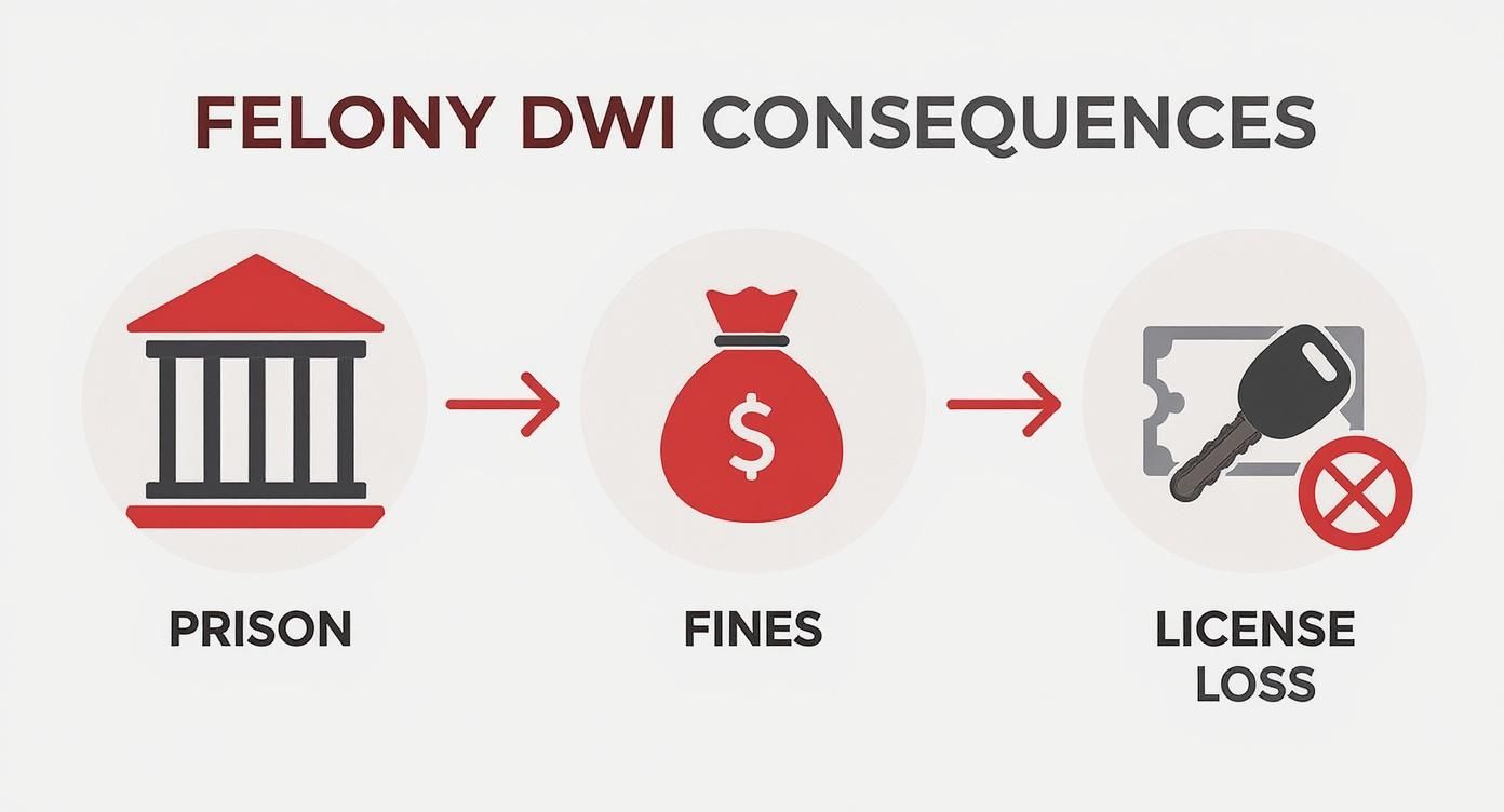 Felony DWI consequences graphic illustrating prison, fines, and license loss for individuals facing 3rd degree DWI charges in Texas.
