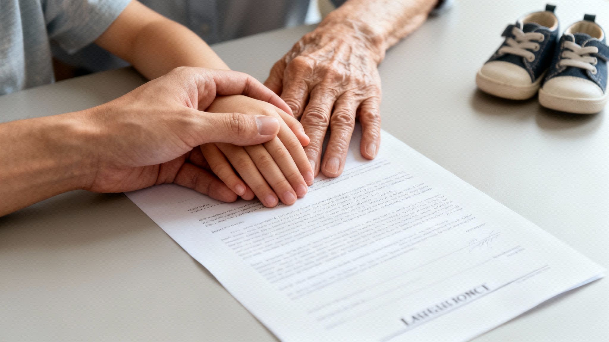 Three generations of hands (elderly, adult, child) resting on an estate planning document with baby shoes.